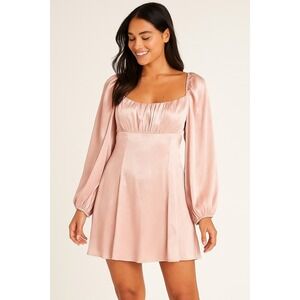 ASTR The Label Pink Satin Long Sleeve Square‎ Neck Mini Dress S